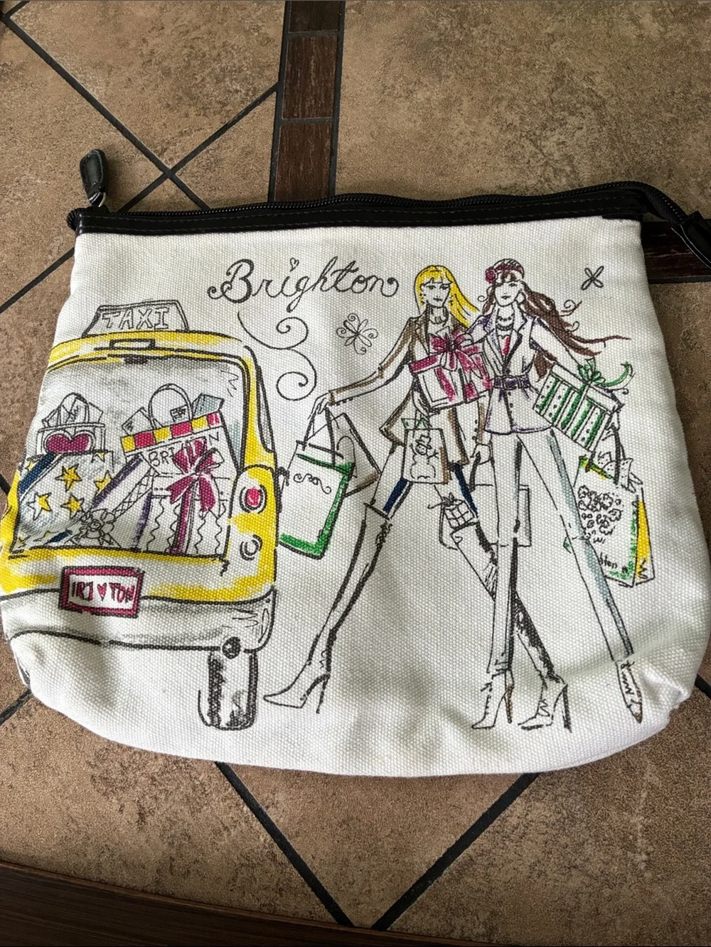 Brighton Holiday City Ivory Canvas Cosmetic Pouch Fashion Illustration Flaw